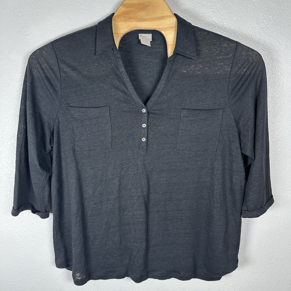 Chicos 100% Linen Black Top Womens 4/XXL Collared 3/4‎ Sleeve Coastal Lagenlook